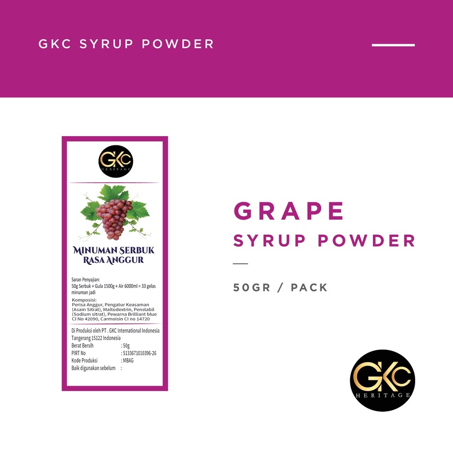 

Murah Banget Bubuk Sirup Anggur/ Grape Powder Syrup Serbuk Minuman Powder Drink GKC Heritage Konsentrat 50 gram
