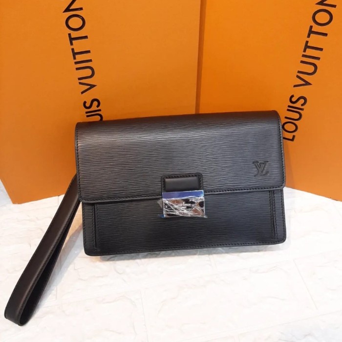 ✨Sale Clutch Bag Tas Tangan Pria Lv0001 Black Epileather Super Miror Vip Diskon