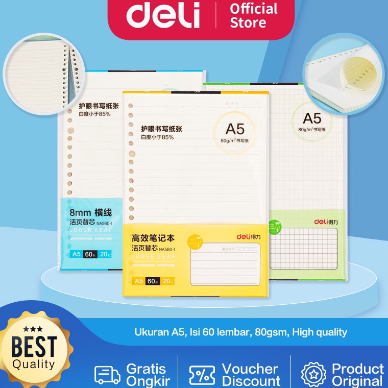 

YVRC4568 Deli Notebook Refill / Kertas Isi Ulang Binder A5 isi 60 lembar 80GSM NA560-1