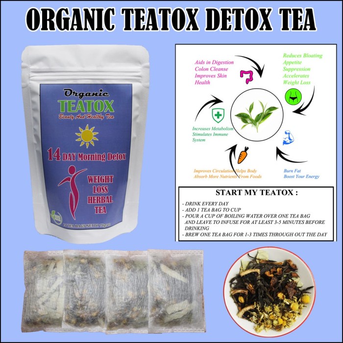 Organic TeaTox Pagi 14hari Teh Detox Pelangsing Herbal Alami.