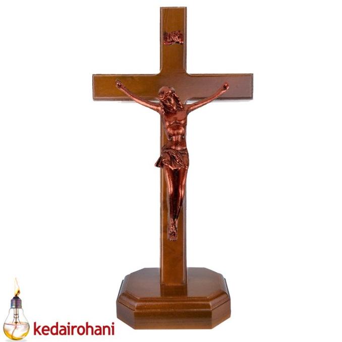 %%%%] Salib Duduk Kayu Jati Patung Corpus Tubuh Yesus Inri 23 cm Tembaga