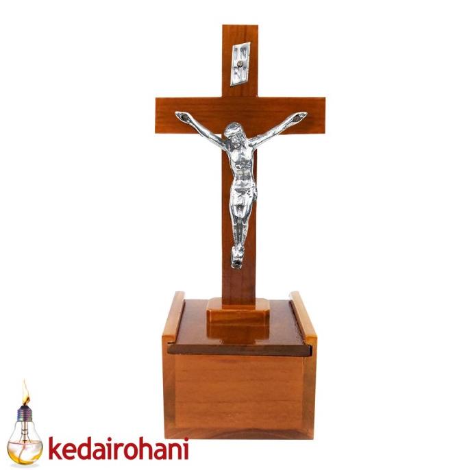 %%%%] Salib Duduk Katolik Kayu Kotak Rosario Corpus Tubuh Yesus Logam 17cm