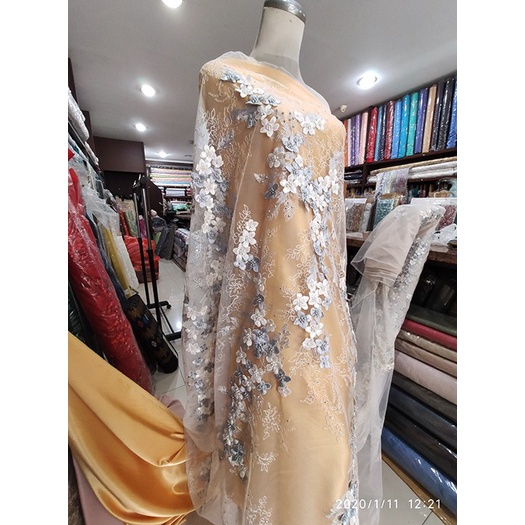 PROMO- Kain Tulle Brokat Bunga Timbul Impor Korea Premium - Platinum
