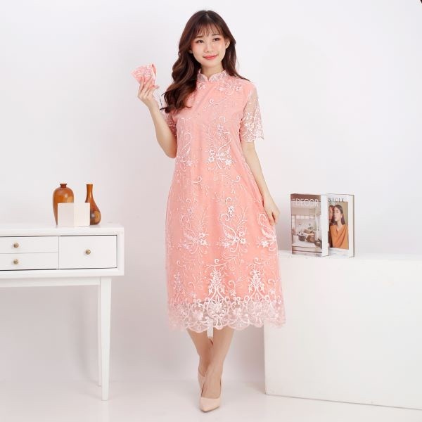 Long dress shanghai lengan pendek L XL brukat tile tunik peach BB