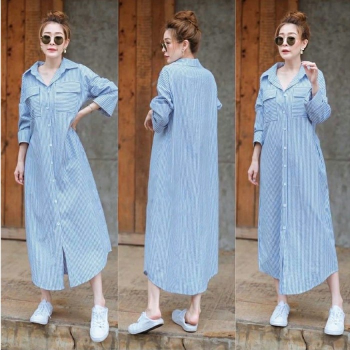 MAXI DRESS KOREA SALUR GARIS BIRU/ HITAM GAMIS MUSLIM ROMA SERRA