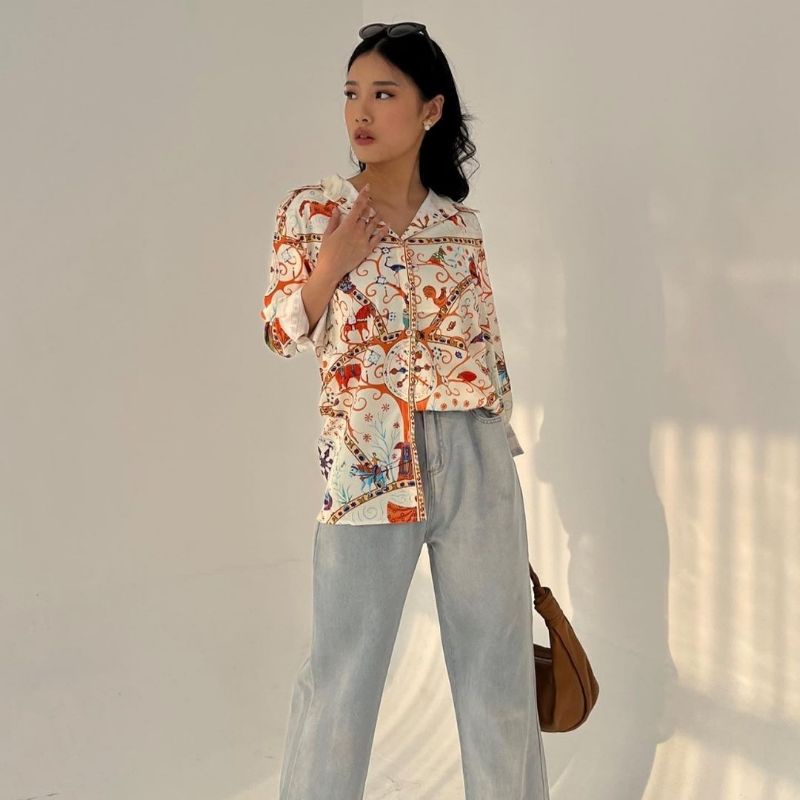 Kemeja Pattern Silk Wanita Pinkdose | Baju Satin Silk | Outer | Kualitas Premium