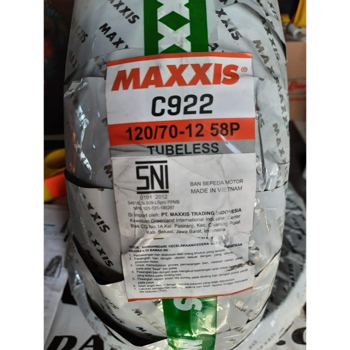 BAN LUAR MAXXIS C922 UK 120 / 70 -12 TUBELESS ORIGINAL BEST QUALITY