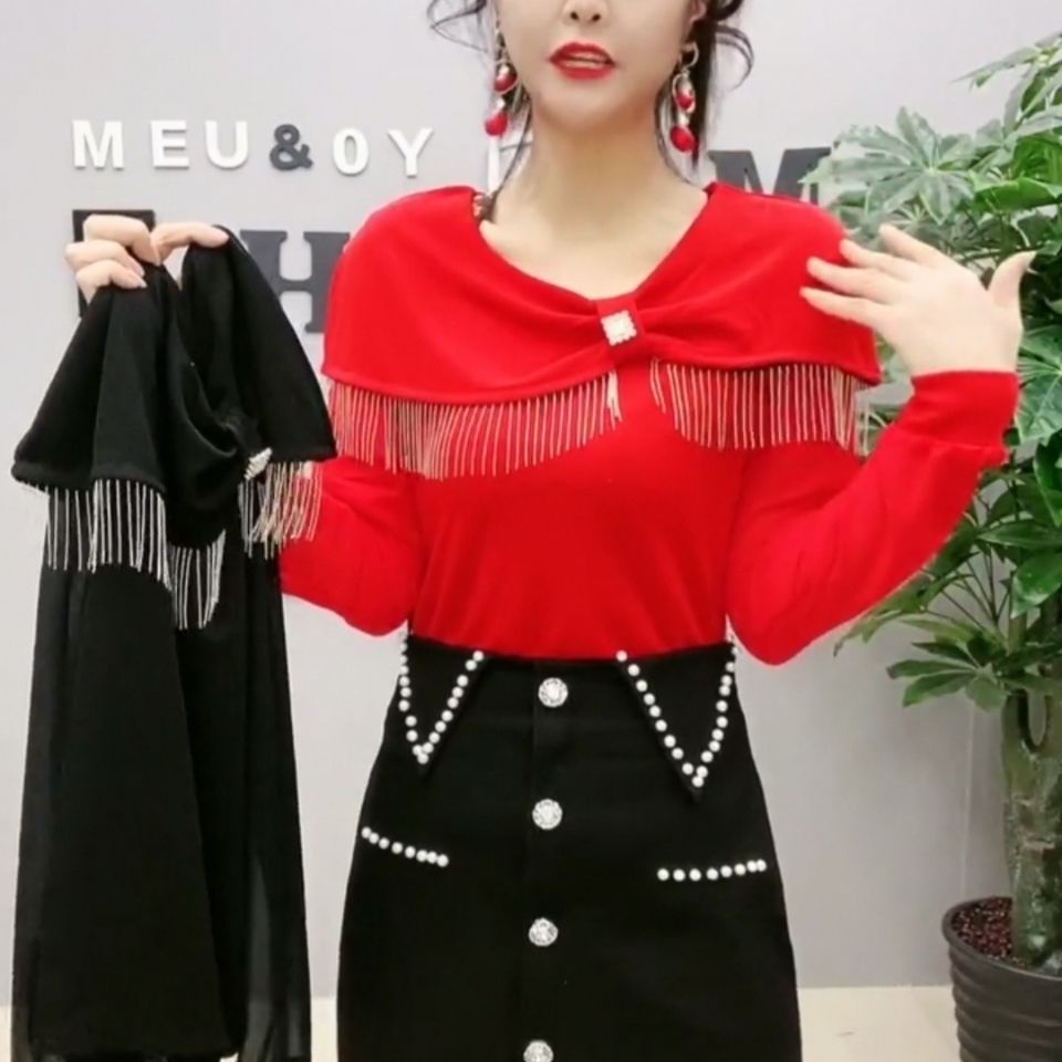 Kemeja Rajutan Rumbai Manik-manik, Baju Atasan Leher Bulat Lengan Panjang