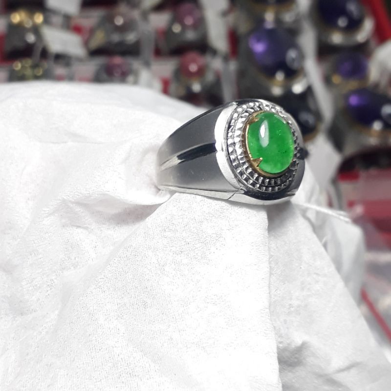 cincin batu permata asli natural giok Burma emban ikat ring monel super doff handmade