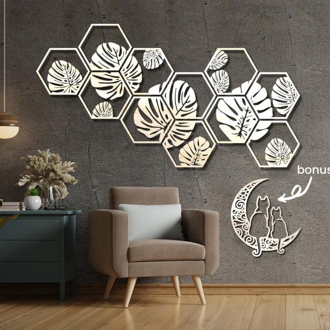 Dekorasi Dinding Kayu Classic Monstera Hexagonal 1.4m Hiasan Ruang