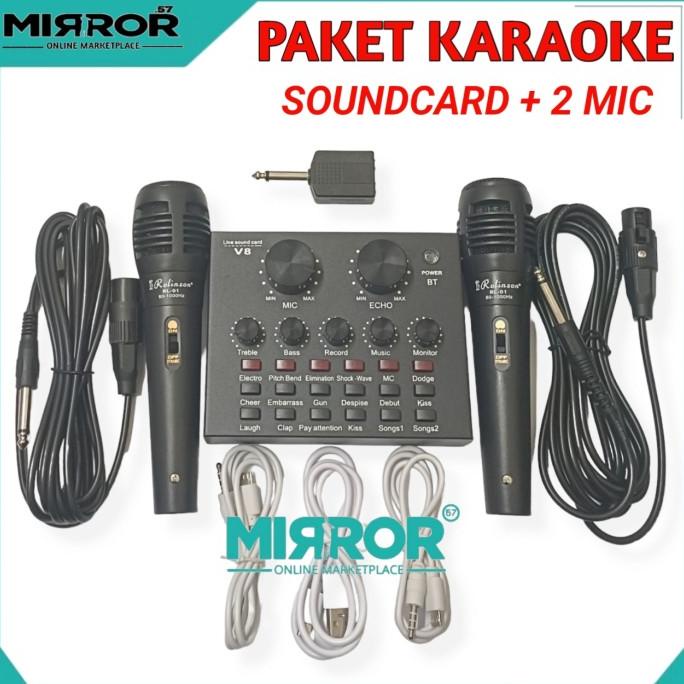 Satu Paket Alat Karaoke Mixer Mini Soundcard V8 & 2 Mic Gratis Spliter