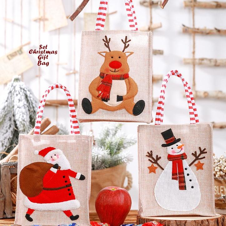 

SET ISI 3 MOTIF Christmas GIFT BAG Tas Natal Bahan Linen Tebal Dekorasi Natal Christmas Decoration 12.12