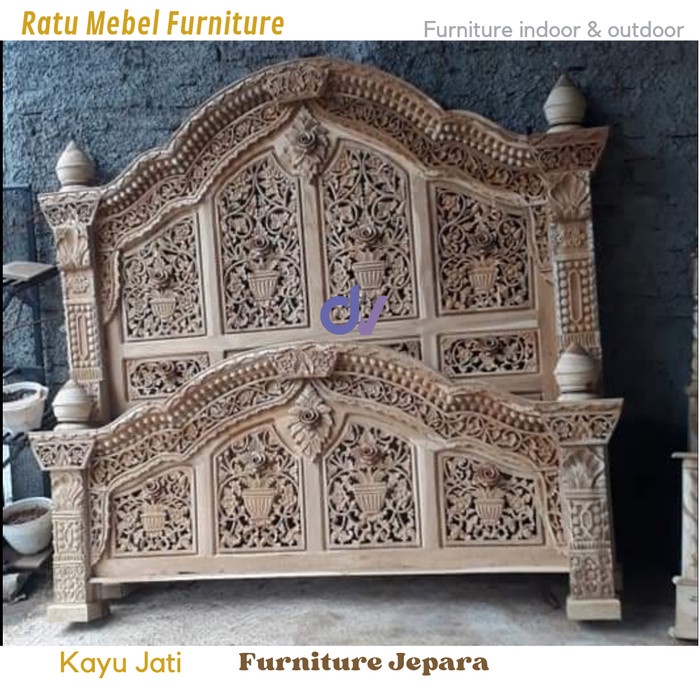 UJ 327 Dipan tempat tidur kayu jati model gebyok - Tidak finishing, No 2 (160*200)