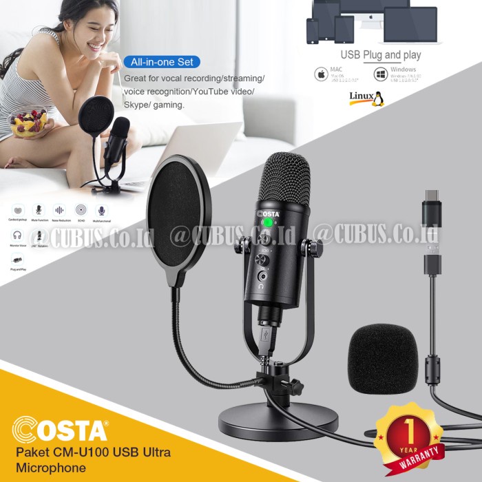 COSTA CM-U100 USB Ultra Microphone Pro Condenser Podcast PC Hp Laptop