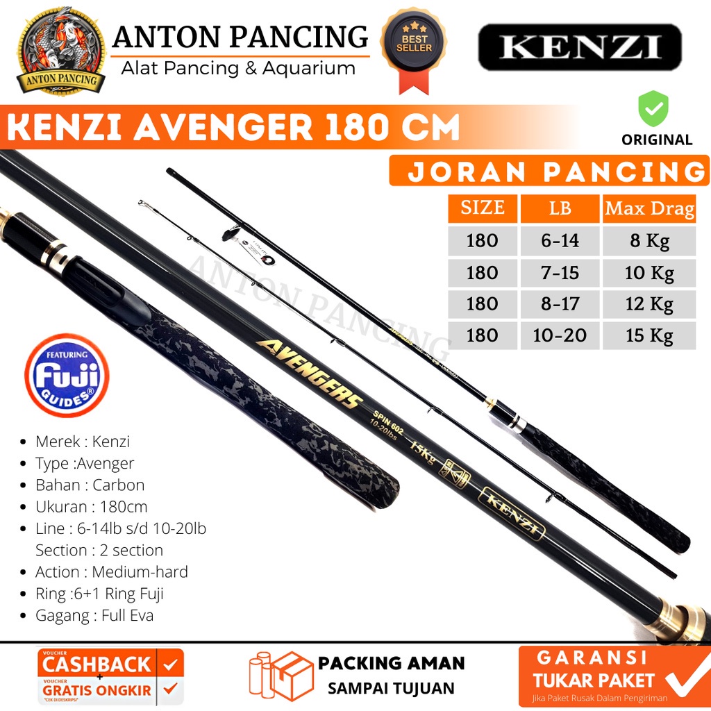 Joran Pancing Kenzi Avenger 180cm 6-14 ,7-15, 8-17 ,10-20 lb Harian/Galatama Ring Guide Fuji Carbon 