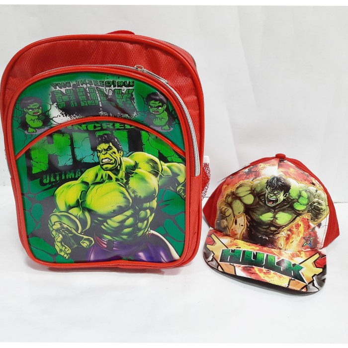 Paket Kado Topi Tas Ransel Anak Tk Karakter Superhero Hulk Hijau Hitam