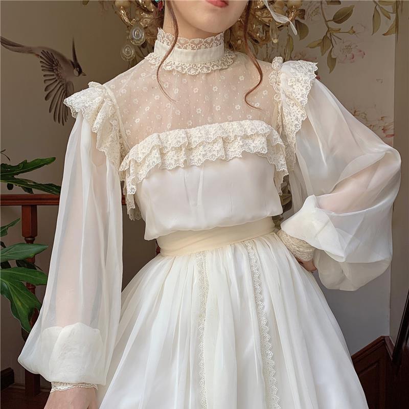 Creamy-white Vintage Chiffon Lace Stand Collar Fairy Heavy Industry Swing Dress Princess Dress