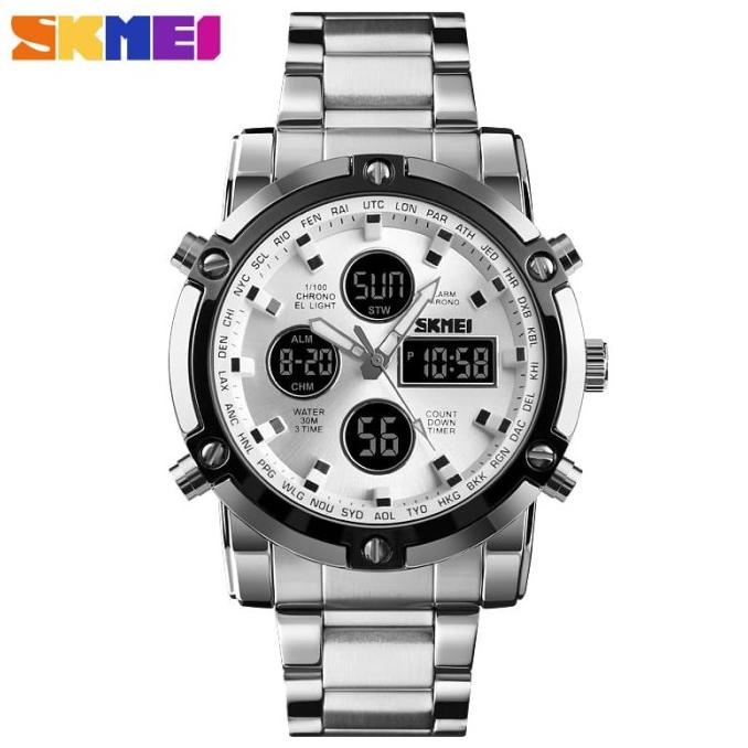 Grosir Jam Tangan Pria Digital Skmei 1389 Silverwhite Water Resistant 30M