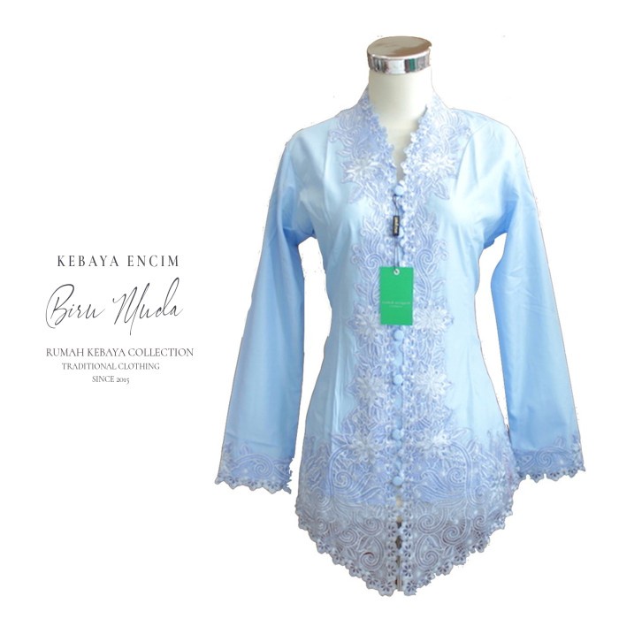 KEBAYA ENCIM KARTINI KATUN BORDIR MODERN LENGAN PANJANG BIRU MUDA