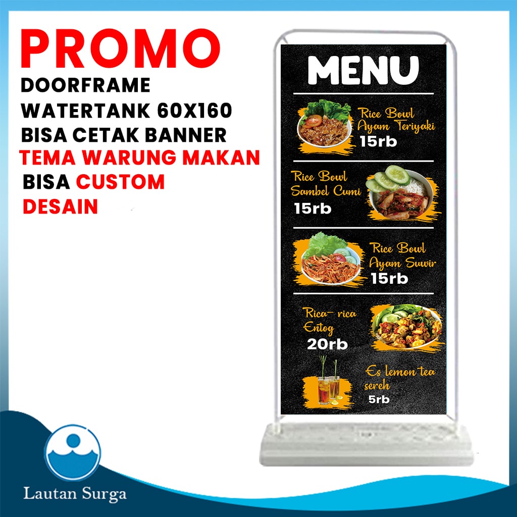 (PAKET STANDing Door Frame Air 60x160) Cetak Stand Banner Spanduk Baliho Custom Desain Benner Warung