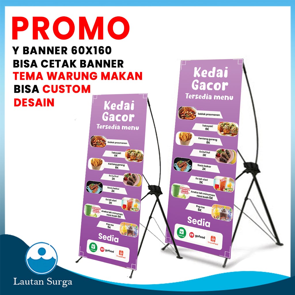 (PAKET STAND Y BANNER 60x160) Cetak Standing Banner Spanduk Baliho Custom Free Desain Benner Warung 