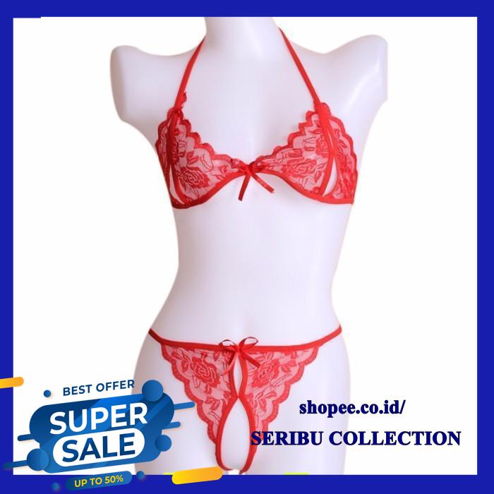 BRA SET OPEN G STRING LINGERIE WANITA LACE BRA TRANSPARAN SEXY  - MERAH, ALL SIZE TERMURAH 