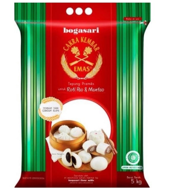 

Tepung Terigu Cakra Kembar Emas Bogasari ( Roti Pao & Mantao ) 5Kg