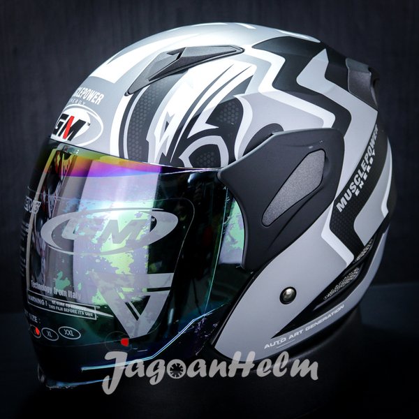 Gm Helm Fighter Muscle Power- Black Silver Doff-Single Visor
