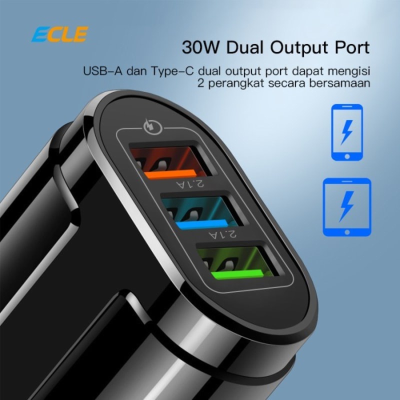 ECLE Adaptor Charger Fast Charging 4 USB Port Quick Charge QC3.0 - Charger 3USB