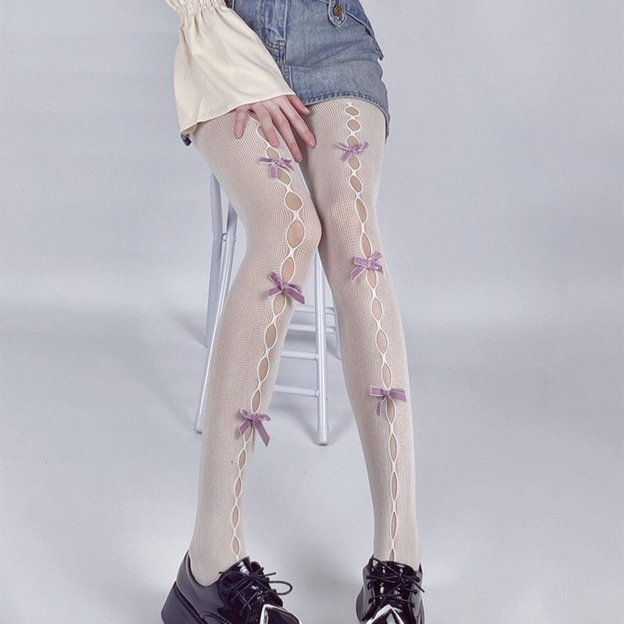 PYXD y2kGadis Putih Susu Berongga Buatan Tangan Busur Stoking Jala Jepang ManislolitaStoking Sutra H