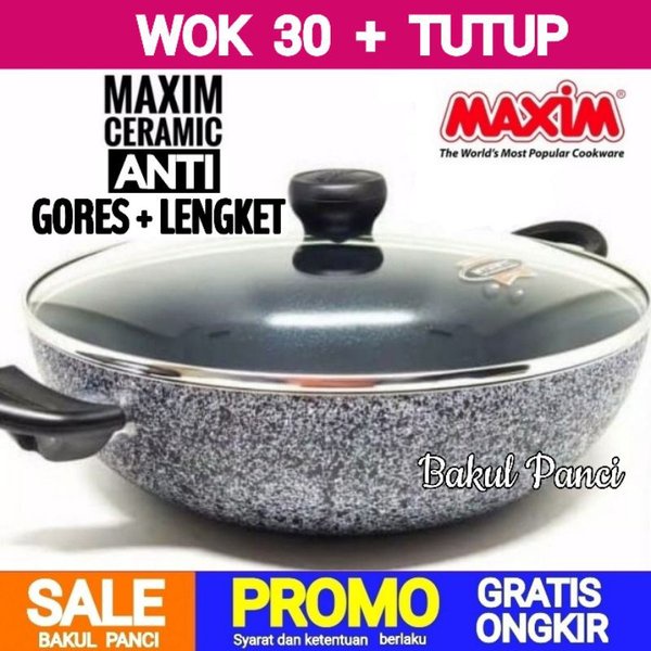 MAXIM CERAMIC WOK 30 CM TUTUP - MAXIM NEOSTONE DEEP WOK PAN STIR FRY 30 CM - TEFLON GRANITE MARBLE