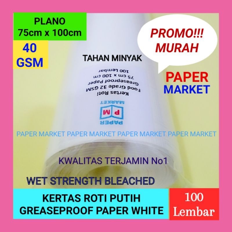 

Kertas Roti Putih Greaseproof R White 40 Gsm 75 X 100Cm - 1 Roll 100 Lembar .