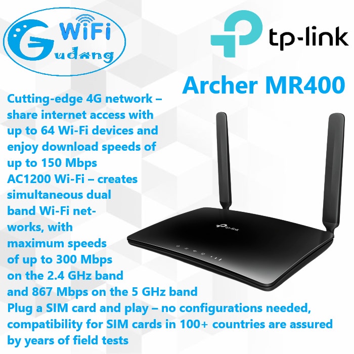 TP-LINK Archer MR400 AC1200 Wireless Dual Band 4G LTE Router