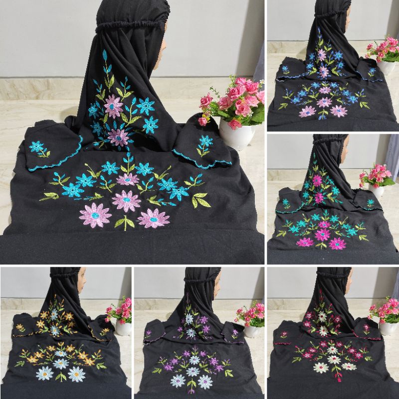 Mukena Terusan Anak Katun Polino Warna Hitam Motif Bordir Teratai