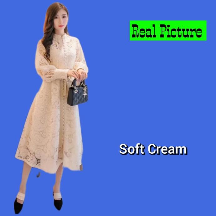 Kuntistore_26 // Dress Pesta Brukat Lace Midi Sepan Dress Natal Wanita Modern Hitam Pengiriman Cepat