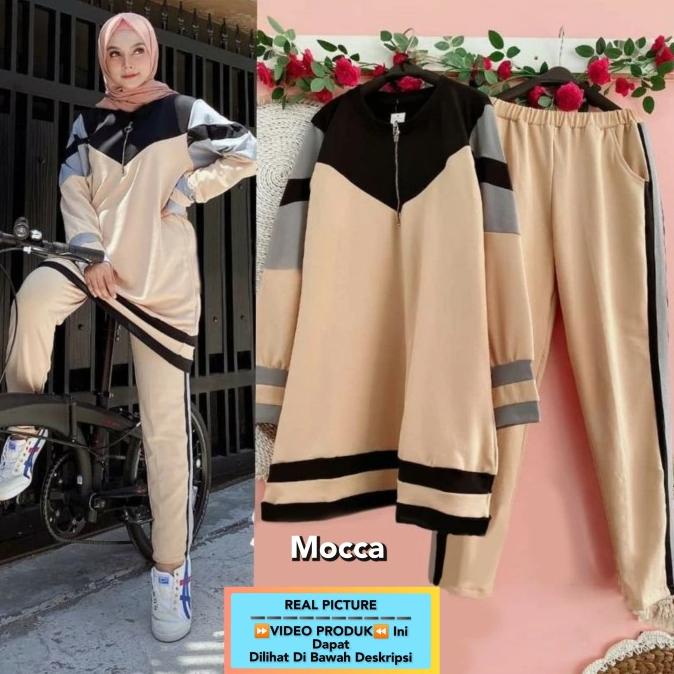 Baju Sport Muslimah Setelan Olahraga Wanita Jumbo Senam Sepeda Mustard