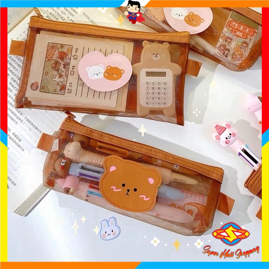

SMS Tempat Pensil Zipper Coklat Motif Beruang Dompet Pensil Coklat Lucu Motif Bear Tempat Makeup Teddy Brown Model Jaring Transparan dan Multicolour Cute