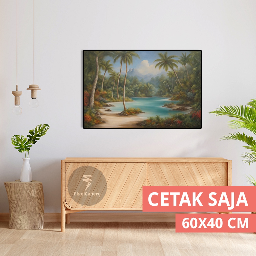 Lukisan JUMBO 60x40 Pemandangan Danau Pohon Kelapa Hiasan Dinding Walldecor Estetik Pajangan Poster 