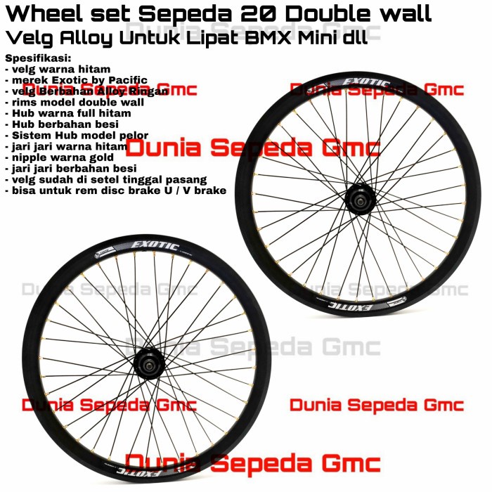Promo Wheelset 20 Double Wall Cakram Velg Alloy Sepeda Lipat Bmx Mini Hitam