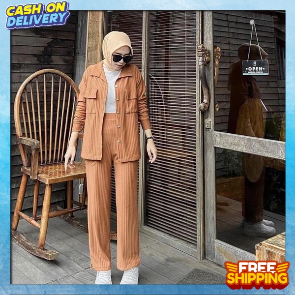 Fashion Korean Style Bahan Premium Stelan Perempuan Kasual Pakaian Wanita Kekinian Korean Oneset Baj