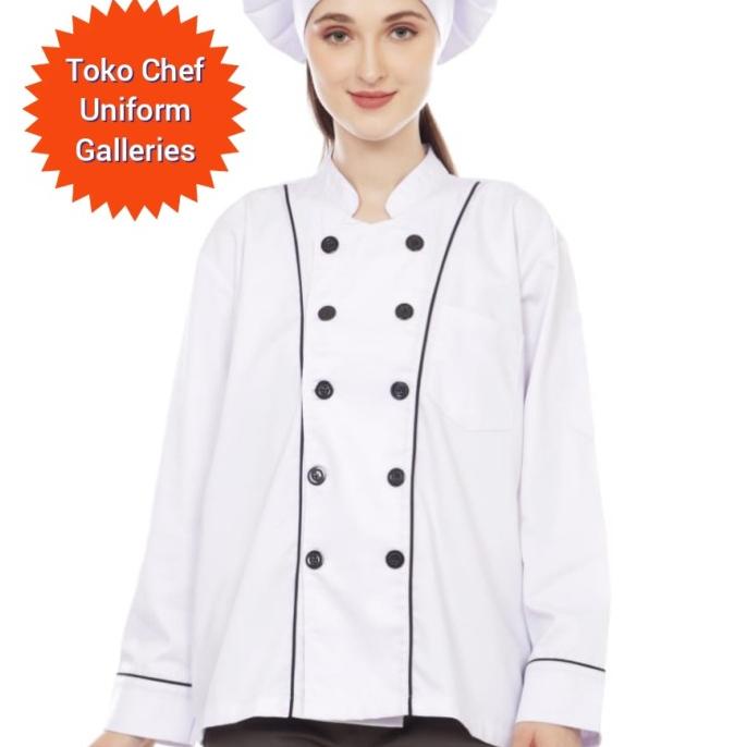 Terlaris Chef Uniform Seragam Koki Lengan Panjang List Hitam Premium Quality SALE
