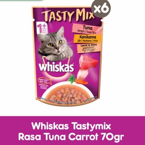

whiskas tasty mix 1 bok isi 24 pcs tuna kanikama caroot in gravyy