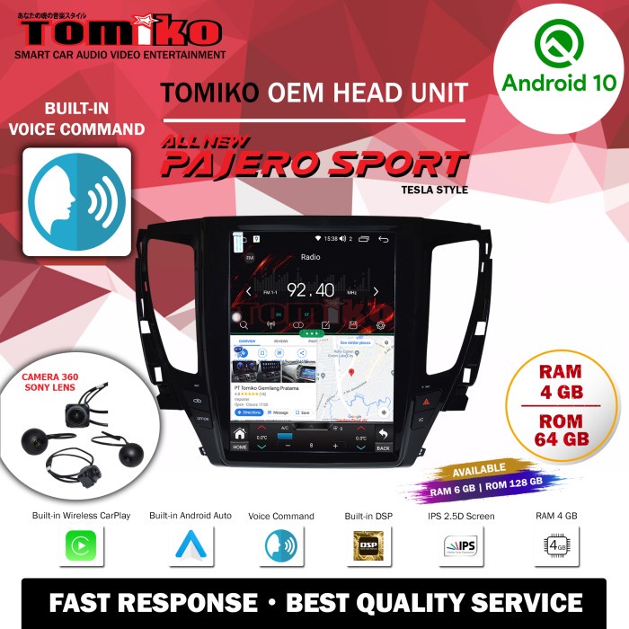 Head unit Android Tomiko OEM for Pajero Sport Tesla Style + Camera 360