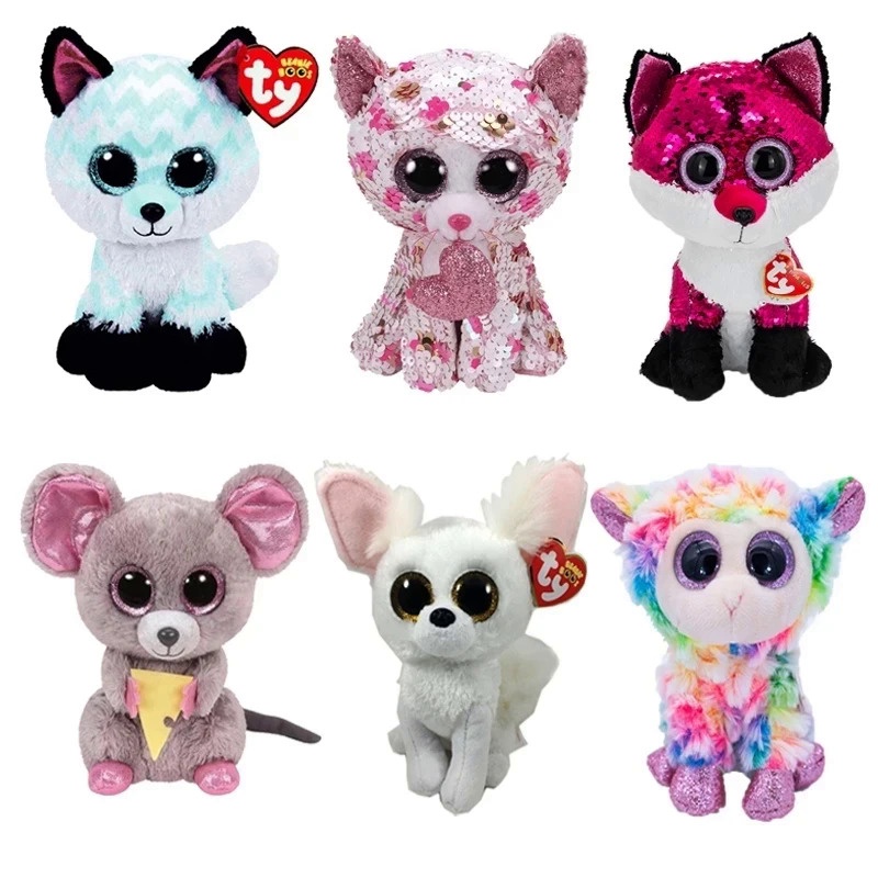 Ty Beanie Boos Big Eyes 15CM kawaii Fox Series Sheep Mouse Cat Plush Cute Doll Baby Kid Toys Decor C