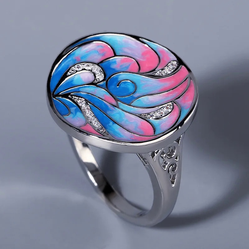 Cincin Perak Wanita 925 Unik Cincin Bunga Lukis Unik Buatan Tangan Enamel Pesta Pertunangan Wanita C