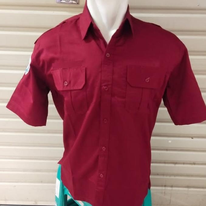 Kemeja PDH Maroon Seragam PDH Maroon Polos Lengan Pendek Pria