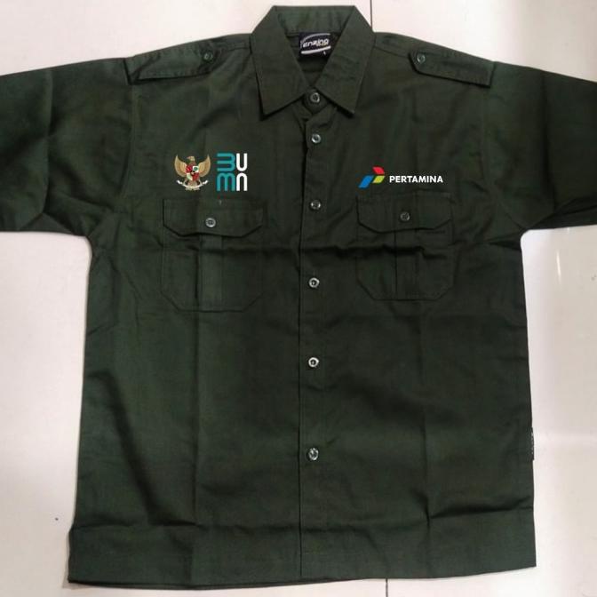 Kemeja Pertamina BUMN Hijau Army PDH Lengan Pendek Pria Bordir
