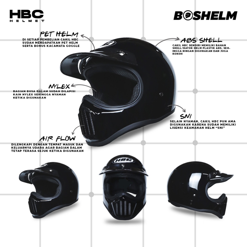 Boshelm Helm Cakil Pilot Hbc Hitam Doff Helm Retro Full Face Sni