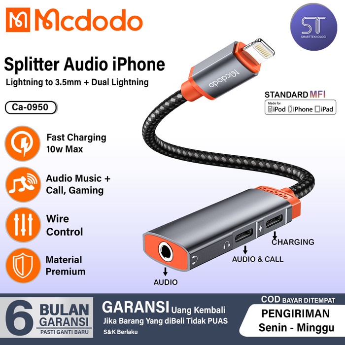 MCDODO CA-0950 SPLITTER IPHONE 3 IN 1 ADAPTER DUAL LIGHTNING + DC3.5MM
