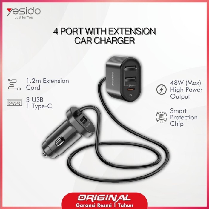 [Original] Yesido Car Charger Pd Fast Charging 48W Max With 1 2M Extension Cable Diskon